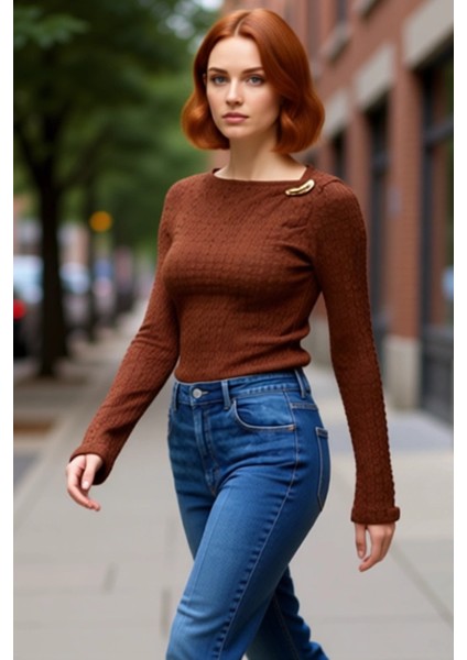 Kadın Uzun Kollu Fitted Dokulu Örme Üst Asimetrik Yaka Detaylı Kaliteli Şık Rahat Modern Zarif fırsatları