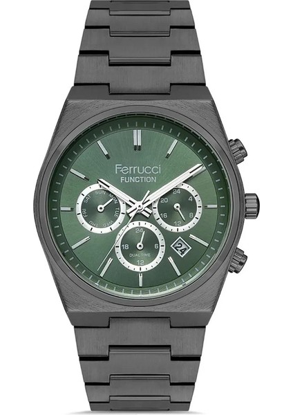 Ferrucci Erkek Kol Saati Antrasit Renk, Yeşil Kadran - Şık Metal Kordon, 2 Yıl Garantili