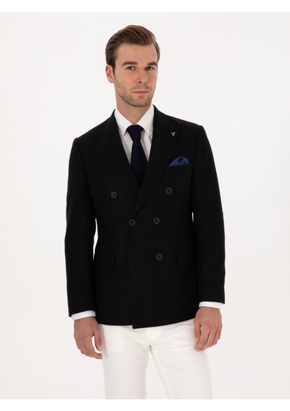 Erkek Siyah Slim Fit Yün Karışımlı Kruvaze Ceket 50310755-VR046