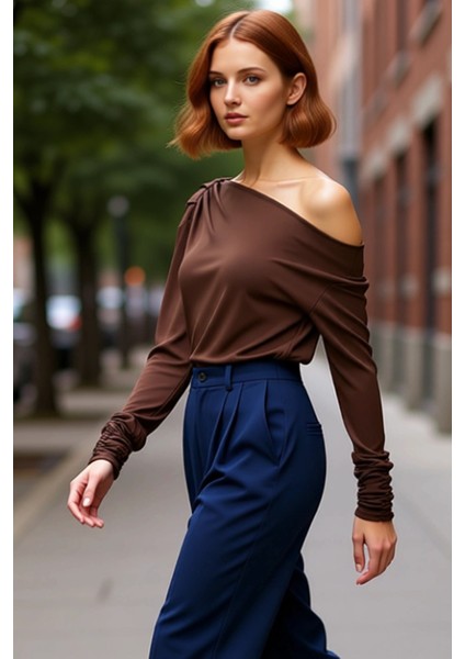 Kadın Regular Asimetrik Yaka Fırfırlı Kol Regular Kalıp Örme Fitted Vücuda Oturan Drapeli Esnek Bluz fırsatları