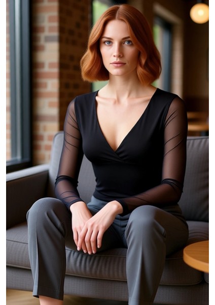 Kadın V Yaka Uzun Kollu Vücuda Oturan Esnek Örme Üst Kaliteli Şık Rahat Modern Zarif Günlük