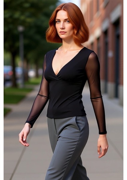 Kadın V Yaka Uzun Kollu Vücuda Oturan Esnek Örme Üst Kaliteli Şık Rahat Modern Zarif Günlük fırsatları