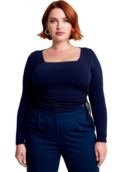 Kadınlar Için Kare Yaka Detaylı Yanları Büzgülü Uzun Kollu Örme Bluz Kaliteli Şık Rahat Modern fiyatları