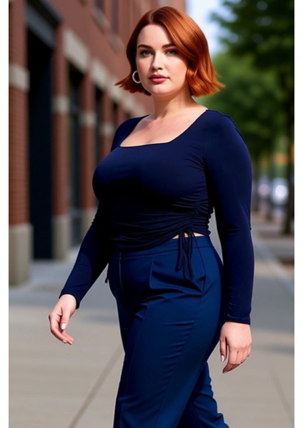 Kadınlar Için Kare Yaka Detaylı Yanları Büzgülü Uzun Kollu Örme Bluz Kaliteli Şık Rahat Modern fırsatları