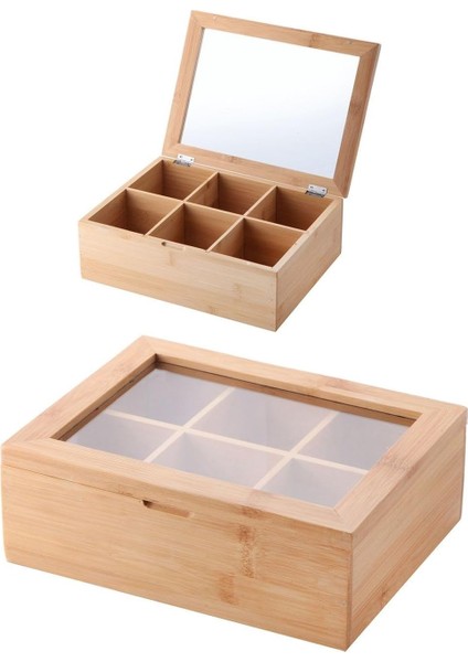 Bambu 6 Bölmeli Çay Kutusu -%100 Orjinal Bambu Kapak 21X16,5 X7CM