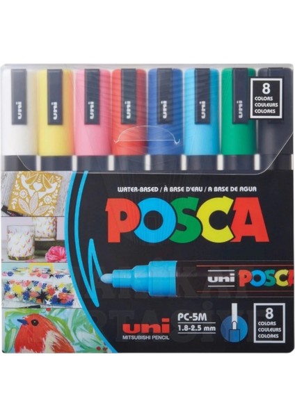 Uniball Posca (1.8-2.5) Su Bazlı Boyama Markörü Ana Renkler 8'li Set ( N ) (Uni-Pc-5m)/ 8c Set