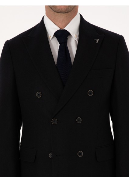 Erkek Siyah Slim Fit Yün Karışımlı Kruvaze Ceket 50310755-VR046