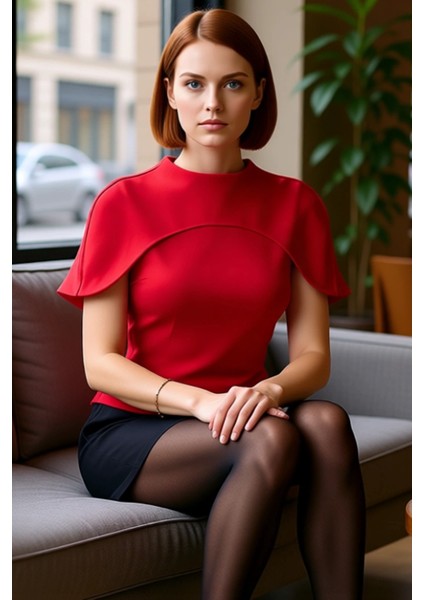 Kadın Moda Şık Üst Giyim Uzun Bisiklet Yaka Fitted Kalıp Dokuma Yaka Detaylı Bluz