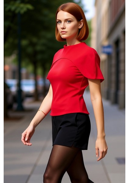 Kadın Moda Şık Üst Giyim Uzun Bisiklet Yaka Fitted Kalıp Dokuma Yaka Detaylı Bluz fırsatları