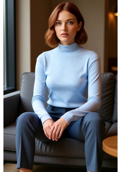 Kadın Moda Şık Regular Dik Yaka Slim Kalıp Örme Fitted Vücuda Oturan Kol Fitilli Esnek Bluz