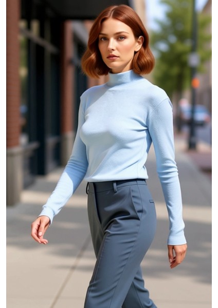 Kadın Moda Şık Regular Dik Yaka Slim Kalıp Örme Fitted Vücuda Oturan Kol Fitilli Esnek Bluz fırsatları