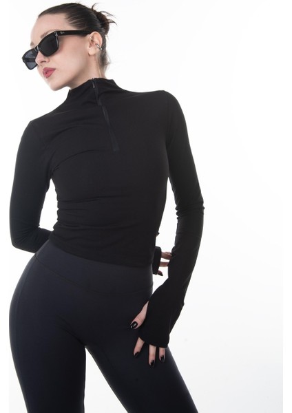 Siyah Balıkçı Yaka Fermuarlı Uzun Kol Crop Bluz