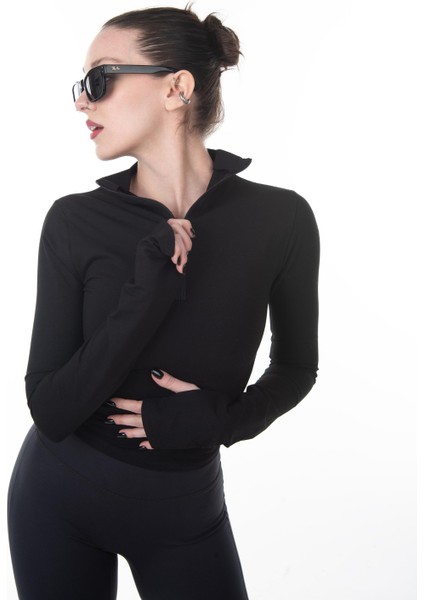 Siyah Balıkçı Yaka Fermuarlı Uzun Kol Crop Bluz modelleri