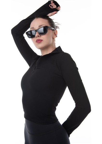 Siyah Balıkçı Yaka Fermuarlı Uzun Kol Crop Bluz fırsatları