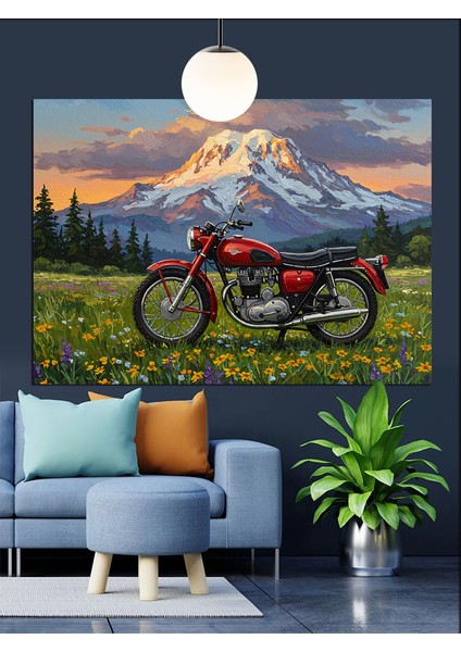 Motorsiklet ve Dağ Manzarası Dekoratif Kanvas - Mdf Ahşap Tablo fırsatları