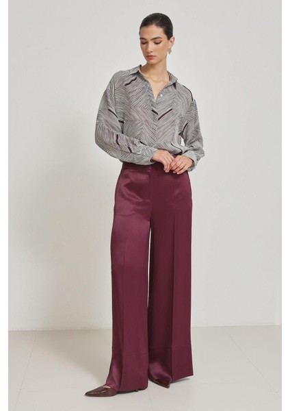 Bordo Paça Detaylı Rahat Kesim Geniş Paça Pantolon