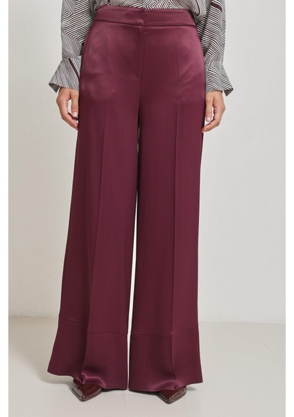 Bordo Paça Detaylı Rahat Kesim Geniş Paça Pantolon modelleri