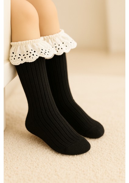 Bebek Çocuk Diz Altı Dantelli %100 Pamuk Nefes Alabilen Çorap