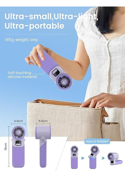 Elde Taşınabilir Turbo Fan [11H Standby] USB Şarj Edilebilir Kişisel Vantilatör, 5 Kademeli Katlanabilir Vantilatör, Taşınabilir Mini El Fanı, Pil Göstergesi, Masa/dış Mekan/hediye Mor indirimleri