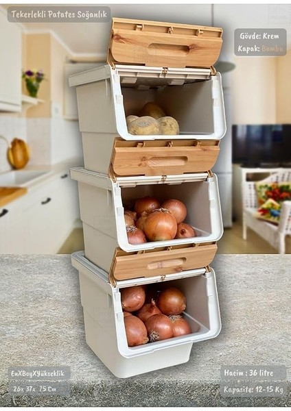 Home 3'lü Bambu Renk Tekerlekli Patateslik Soğanlık Oyuncak Kutusu Patates Soğan Sepeti Motek 12 Lt fiyatları