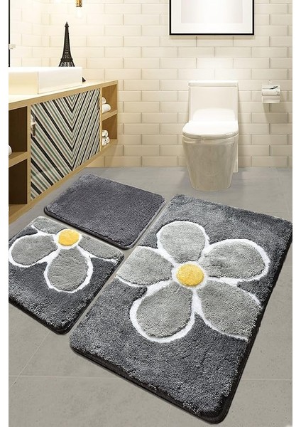 Home Flower Gri 3lü Set Klozet Takımı, Banyo Paspas Seti Halısı