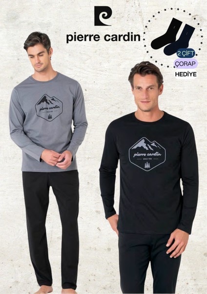 Erkek %100 Pamuk Uzun Kollu Desenli Koyu Gri & Siyah Iki Adet Pijama Takımı L1.PC.6097.002