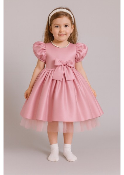 Kız Çocuk Ön Arka Fiyonk Detaylı Yaka Incili Balo Parti Mezuniyet Doğum Günü Elbise