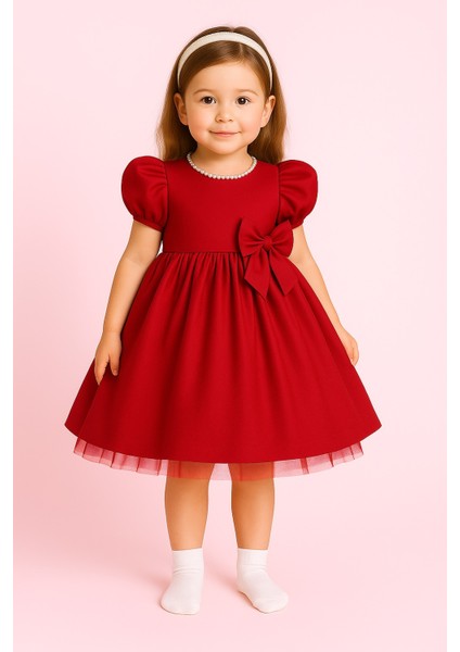 Kız Çocuk Ön Arka Fiyonk Detaylı Yaka Incili Balo Parti Mezuniyet Doğum Günü Elbise
