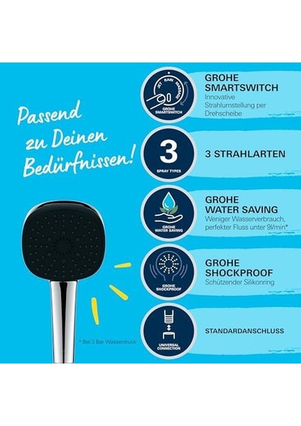 110 El Duşu, 3 Akışlı (Masaj, Yağmur & Jet), Smartswitch, 110MM Kare Duş Başlığı, Silikon Halka, Kireç Önleyici Sistem, Krom, 26092001 modelleri