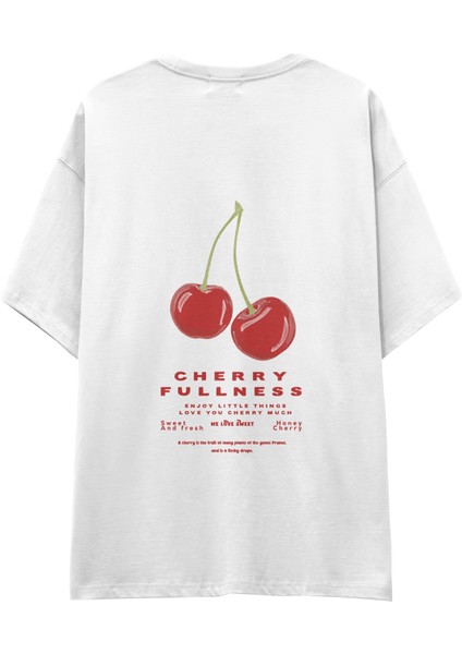 Cherry Mood Oversize Tişört - Beyaz