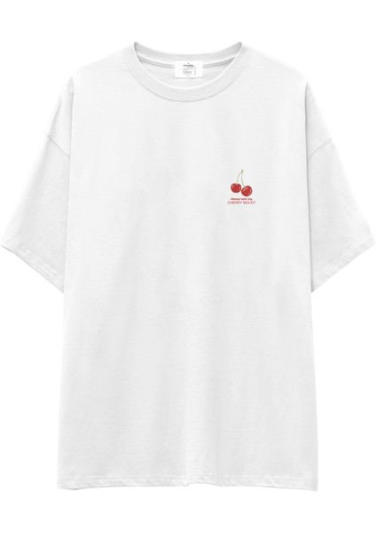 Cherry Mood Oversize Tişört - Beyaz fiyatları