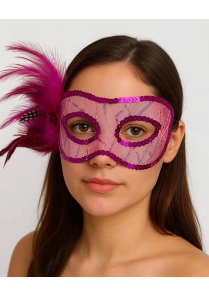 Bfs Fuşya Renk Yandan Tüylü Pul Payet Işlemeli Parti Maskesi 23X12 cm