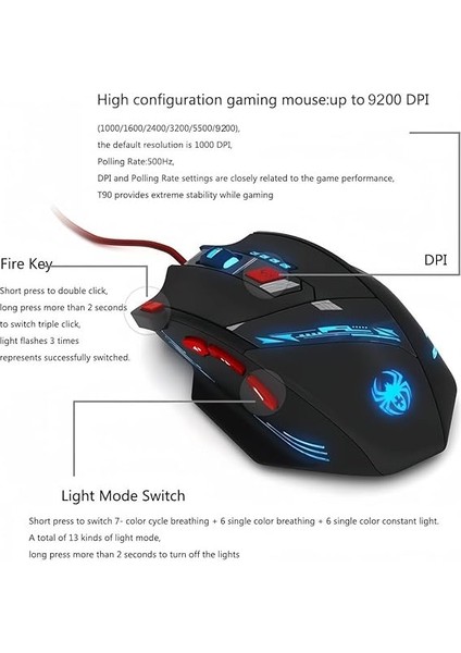 T90 Oyun Faresi 9200 Dpı, 8 Programlanabilir Düğme Çok Modlu LED Işıklar USB Oyun Faresi, Dizüstü Bilgisayar, Masaüstü, Pc Için Ağırlık Ayarı, Siyah fırsatları