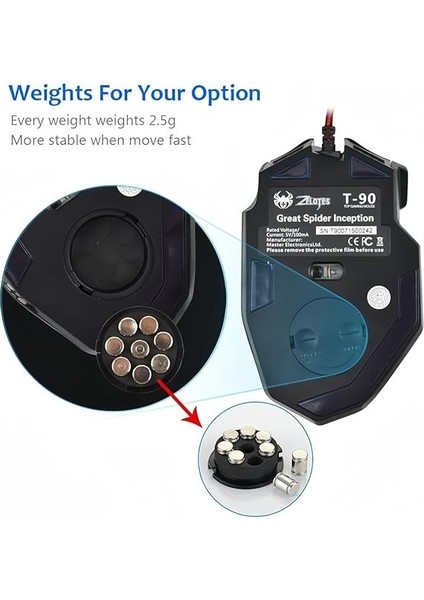 T90 Oyun Faresi 9200 Dpı, 8 Programlanabilir Düğme Çok Modlu LED Işıklar USB Oyun Faresi, Dizüstü Bilgisayar, Masaüstü, Pc Için Ağırlık Ayarı, Siyah indirimleri