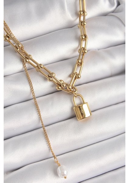 Bfs 316L Çelik Gold Renk Tiffany Zincir Model Kilit Figür Sallantı Inci Detay Kadın Kolye