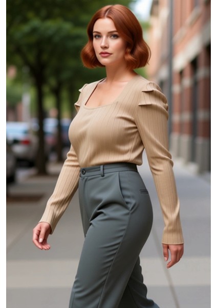 Kadın Kare Yaka Puf Kollu Ince Triko Üst Kaliteli Şık Rahat Modern Zarif Günlük modelleri