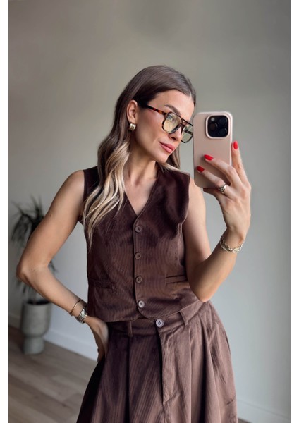 Kahverengi Ince Fitilli Yelek Etek Kadife Takım fiyatları