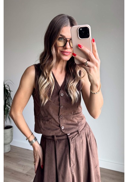 Kahverengi Ince Fitilli Yelek Etek Kadife Takım indirimleri