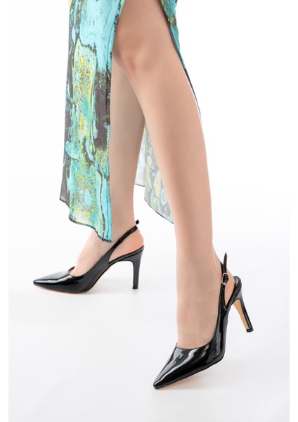 ST-1153 Siyah Rugan Günlük Arkası Açık 9 cm Topuklu Kadın Ayakkabı