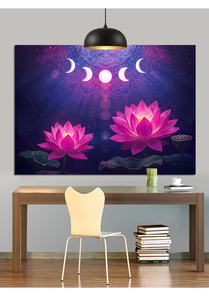 Ay Fazları ve Lotus Çiçeği Dekoratif Kanvas - Mdf Ahşap Tablo
