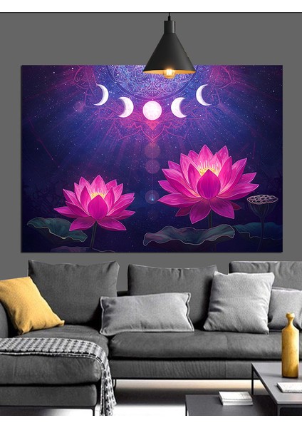 Ay Fazları ve Lotus Çiçeği Dekoratif Kanvas - Mdf Ahşap Tablo fırsatları