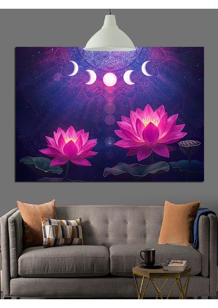 Ay Fazları ve Lotus Çiçeği Dekoratif Kanvas - Mdf Ahşap Tablo indirimleri