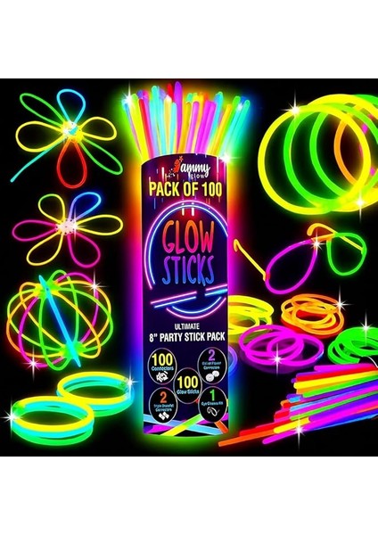 Glow Sticks 100 Parça, Neon Parlayan Düğünler, Parlayan Bilezikler, Parlayan Çubuklar, Kolyeler ve Parlak Gözlük Setleri, Noel ve Yılbaşı Partisi Için Mükemmel, Çok Renkli