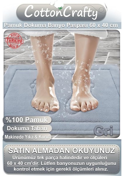%100 Pamuk Dokuma Su Emici Banyo Paspası Ayak Desen 60X40 cm (Gri) fiyatları
