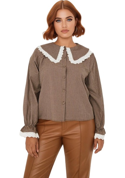Kadın Ekose Desenli Bebé Yaka Crop Bluz Kaliteli Şık Rahat Modern Zarif Günlük fiyatları