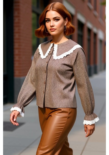 Kadın Ekose Desenli Bebé Yaka Crop Bluz Kaliteli Şık Rahat Modern Zarif Günlük fırsatları