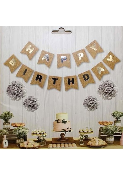 Gitti Kraft Zemin Happy Birthday Gümüş Banner Doğum Günü Süsü