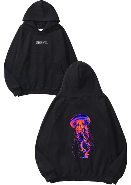 Jellyfish Tasarım Baskılı Oversize Siyah Kapüşonlu Sweatshirt