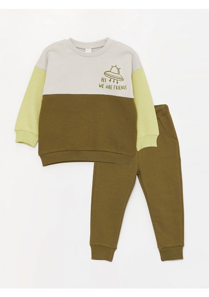 Lcw Baby Haki Bisiklet Yaka Uzun Baskılı Erkek Bebek Sweatshirt ve Pantolon 2'li Takım