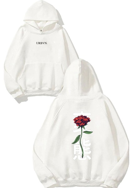 Rose Tasarım Baskılı Oversize Beyaz Kapüşonlu Sweatshirt